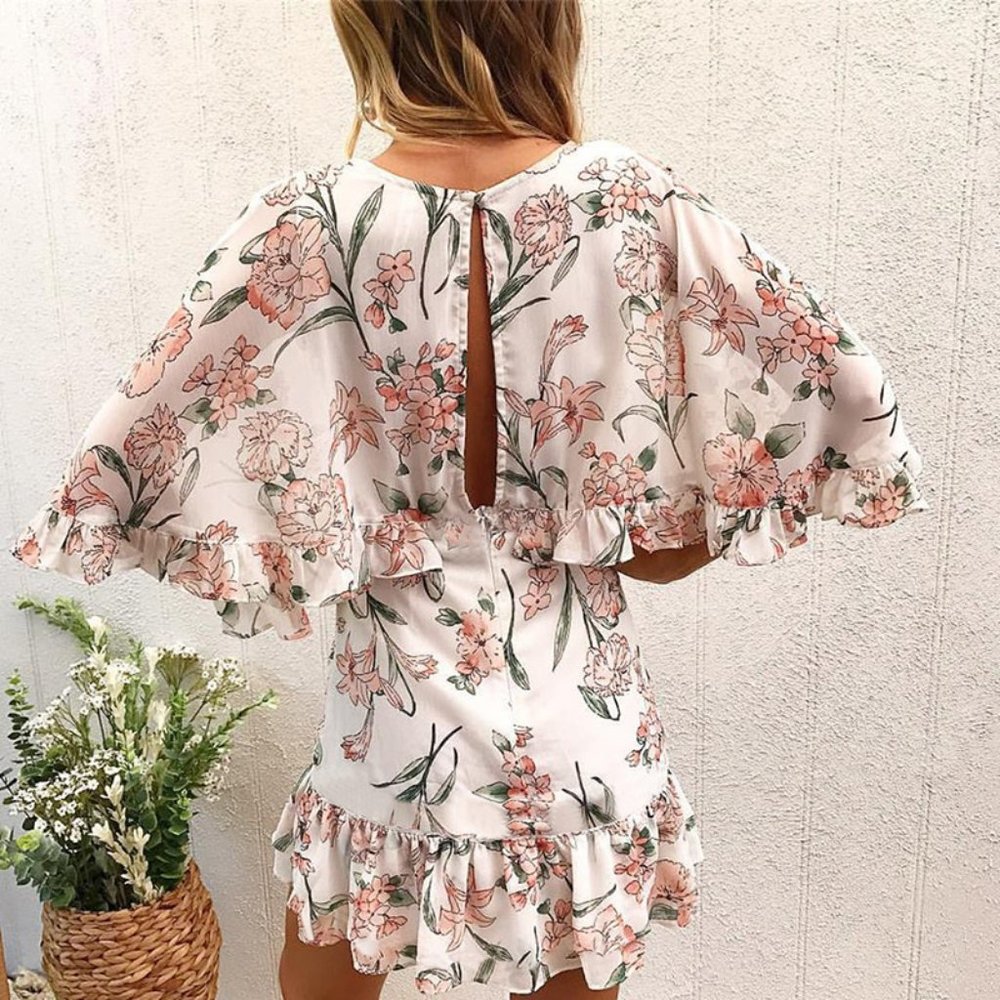 💃Boho Ruffles Lace Floral Print Mini Summer Dress - Picture 2 of 4